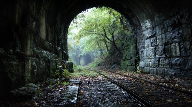 Misty forest railroad tunnel with steel tracks and greenery