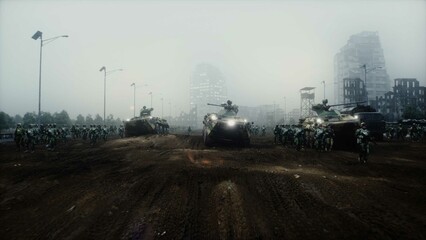 armored infantry vehicles with soldiers in in a ruined city. 3d rendering.