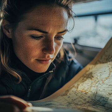 Closeup of a female oceanographer studying a sea chart Focus on face and chart