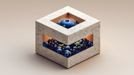 Fototapeta premium Abstract Frozen Almond Milk Cube with Embedded Blueberries – Hyperreal Beige Background