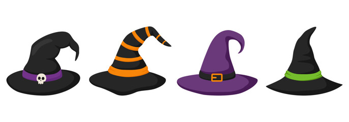 Vector set of colorful witch hats decorated with skulls, buckles, and ribbons. Halloween festive designs