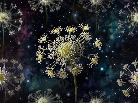 Delicate queen annes lace in a galaxy illustration background