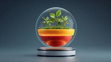 AI-Engineered Fruit Orb with Digital Vitamins and Neural Network Lines – Futuristic Chrome Base