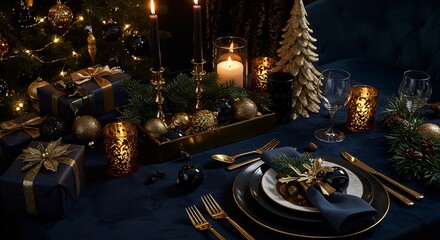 Opulent Midnight Christmas Table Setting: Gold & Black Elegance