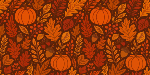 Vector seamless pattern with bright autumn leaves, acorns and pumpkins on brown background © Nastasja
