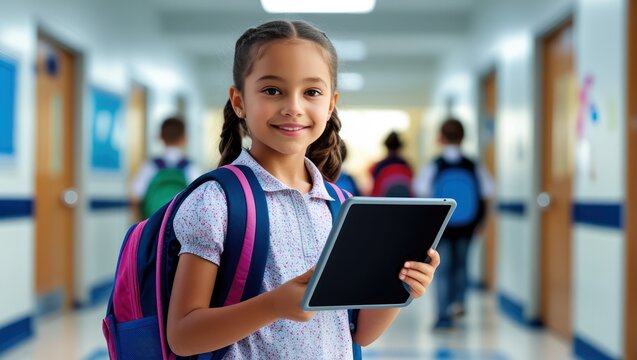 Smiling Schoolgirl Using Tablet in School Hallway