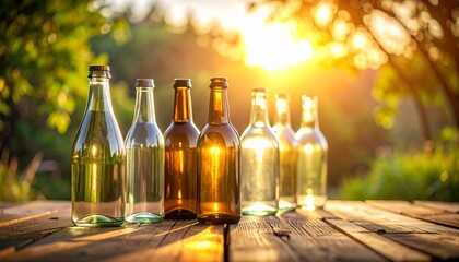Golden Hour Scene with Assorted Glass Bottles on a Rustic Wooden Table, Warm Sunset Light Refracting Through Glass with Lush Garden Bokeh Background.