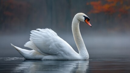Fototapeta premium Graceful swan swimming on a misty lake, serene and elegant