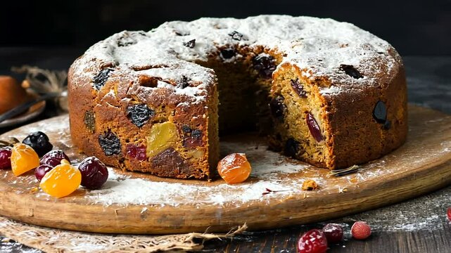 A beautifully baked fruitcake dusted with powdered sugar, surrounded by colorful dried fruits on a rustic wooden board