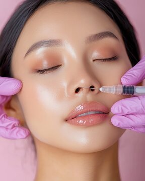Closeup of a Filipina woman receiving BB Glow Treatment flawless skin natural beauty expression clean studio lighting isolated on a pastel background  skincare and