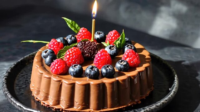 A beautifully decorated chocolate cake topped with fresh berries and a candle, set against a dark background