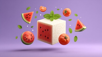  Floating Watermelon Orbs Around Illuminated Tofu Cube – Pastel Lavender Gradient Backdrop