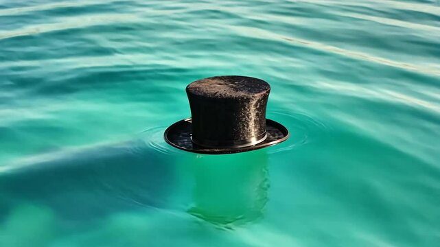 A black top hat floating on tranquil turquoise waters, creating a surreal and whimsical scene