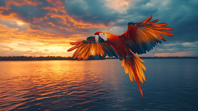 Parrot in flight at sunset over water - Powered by Adobe