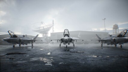 Military american base. American fighter jet. 3d rendering.