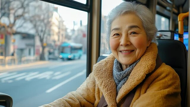 Elegant Senior Woman Smiles and Enjoys City on Bus