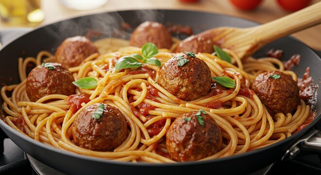 Steaming spaghetti and meatballs in tomato sauce, garnished with fresh basil leaves in a black pan