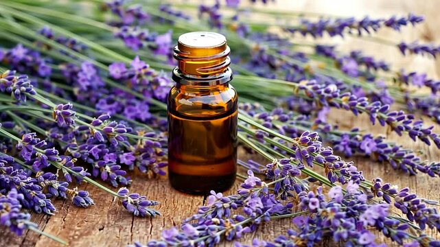 A close-up of a lavender essential oil bottle surrounded by fresh lavender flowers on a wooden surface