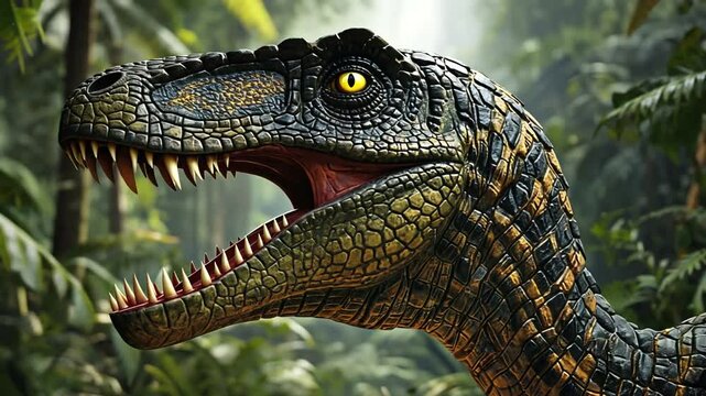 A close-up view of a vibrant dinosaur in a lush jungle, showcasing its fierce expression and intricate details