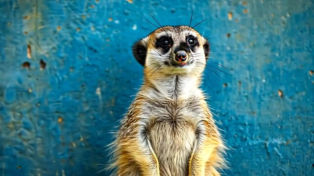 A curious meerkat stands upright against a textured blue wall, observing its surroundings intently