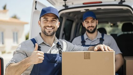 Two happy delivery men with boxes in a van show thumbs up - Powered by Adobe
