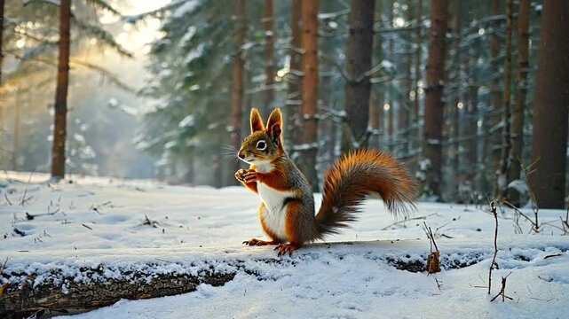 A curious squirrel holding a nut amidst a snowy forest, with sunlight filtering through trees