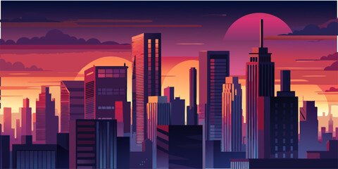 Flat illustration of a metropolis at dusk, skyscraper skyline, dramatic sky with warm and cool tones, subtle glow from city lights, clean lines, vector art