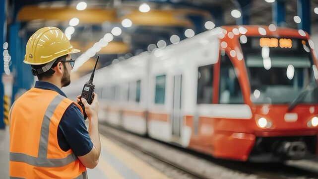 Worker with walkie talkie near train in industrial setting
