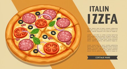 Italian Pizza with Salami, Tomatoes, Olives, and Onions on a Beige Background