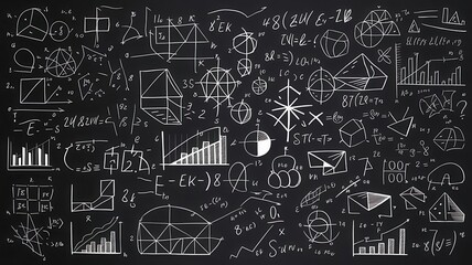 Complex mathematical formulas and geometric shapes chalkboard background
