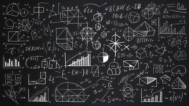 Complex mathematical formulas and geometric shapes chalkboard background