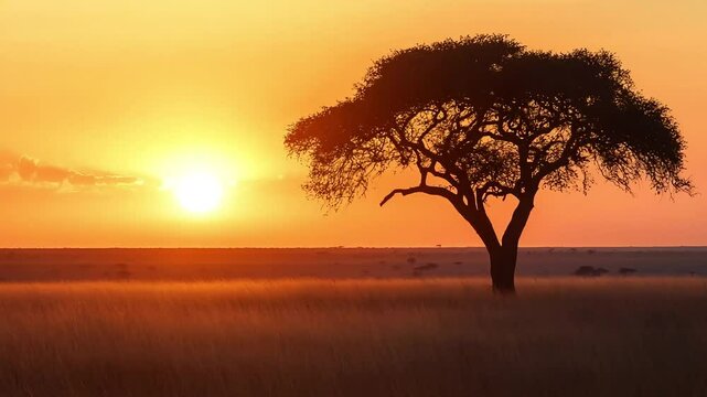 An iconic African tree stands tall, its dark form etched against a brilliant, warm sunset sky.