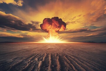 Dramatic apocalyptic mushroom cloud explosion on barren landscape horizon