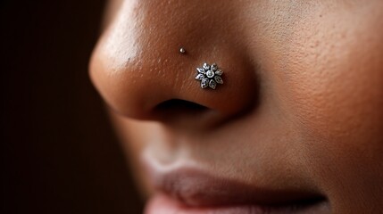 Delicate silver Pakistani nose pin floral engraving and tiny gemstone macro fashion detail bridal ornament on clear skin tone background