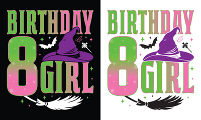 Vector Birthday Girl 8 Witch Halloween T-shirt Design