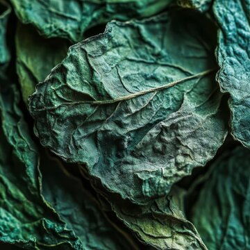 closeup of dried epazote leaves with wrinkled dark green texture macro photography sharp herb detail clean background
