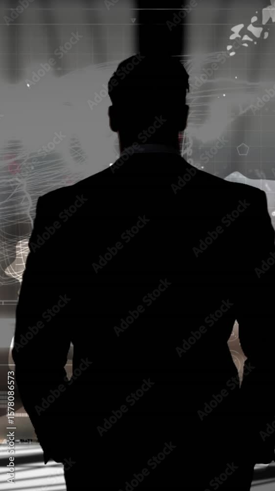 Poster animation of businessman over information and data processing on interface