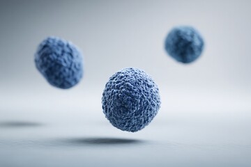 Three Blue Spheres in a Grey Background: Microscopic 3D Render