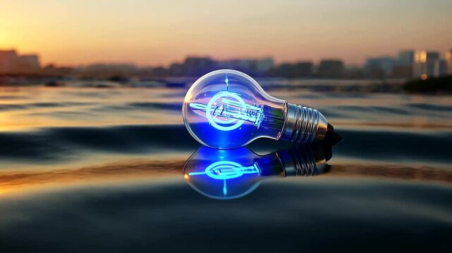A glowing light bulb resting on calm water during sunset, with a city skyline in the background
