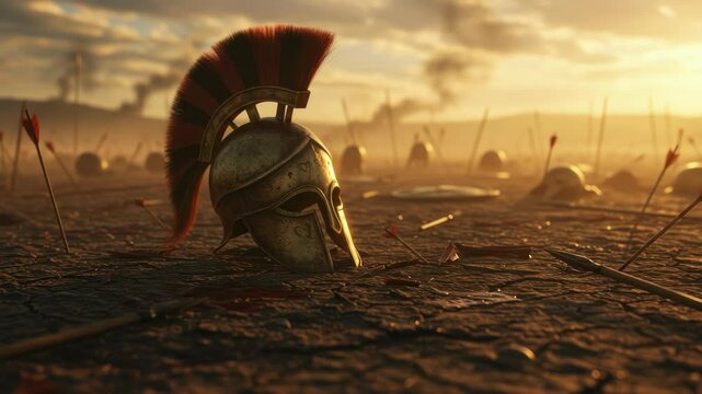 Golden hour on ancient battlefield, helmet and arrows symbolize fallen warriors and untold stories