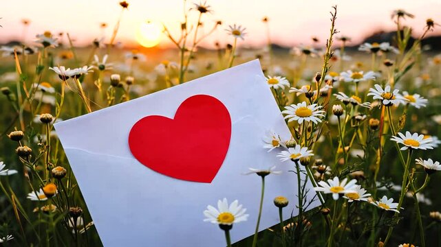 A heartfelt love letter with a red heart sits amidst a field of daisies at sunset