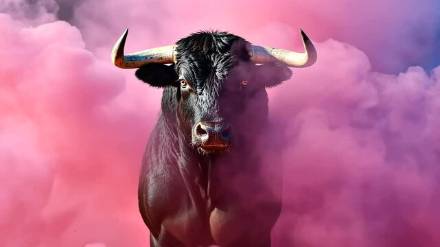 A majestic black bull emerges from vibrant pink and purple smoke in a surreal landscape
