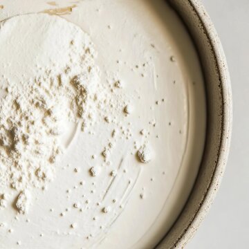 closeup of arrowroot powder in a round ceramic dish fine white starchy texture macro ingredient photography clean backdrop