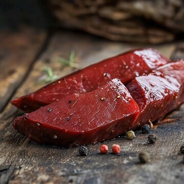 closeup of elk tenderloin with rich red texture and seared edges, macro game meat photography, rustic wood background