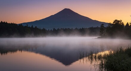 Fototapeta premium Majestic Mountain Volcano at Sunrise Over Calm Lake with Misty Reflection