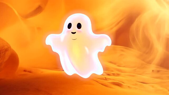 A playful ghost figure glows amidst a fiery orange background, creating a whimsical atmosphere