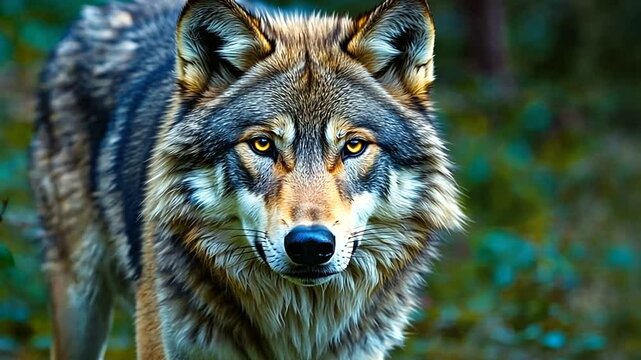 A majestic wolf prowling through a lush green forest, showcasing its keen gaze and natural habitat