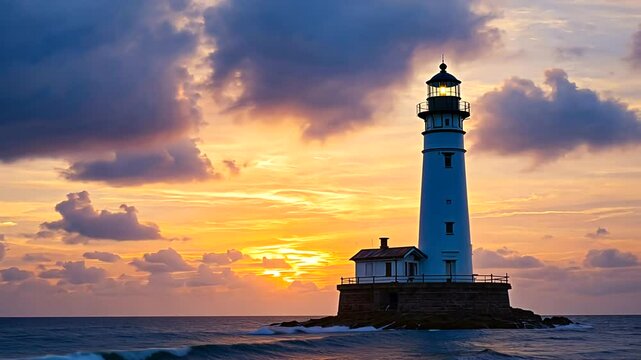 A serene sunset over a coastal lighthouse, with waves crashing and clouds glowing in the background