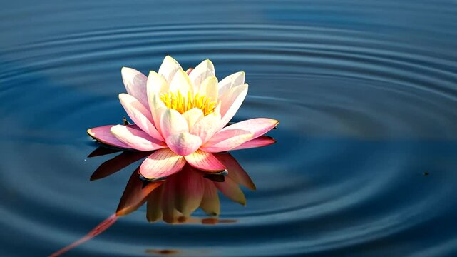 A serene water lily blooming on a tranquil pond, surrounded by gentle ripples and reflections