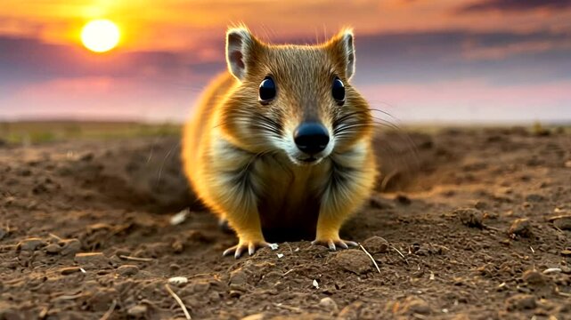 A small mammal emerges from its burrow at sunset in a vast, open landscape with dramatic skies